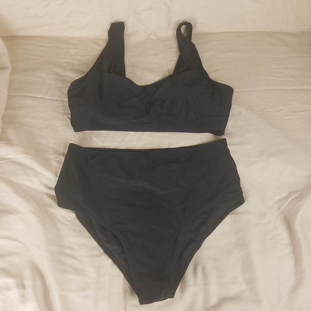 Bikini Set Womens Medium Black Excellent High Waisted Scoop Neck Sporty